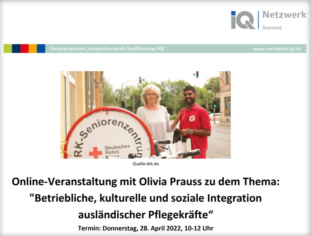 Online-Veranstaltung mit Olivia Prauss von context YELLOWS zum Thema: „Betriebliche, kulturelle und soziale Integration ausländischer Pflegekräfte“ Pflegekräfte aus dem Ausland